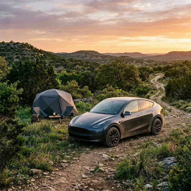 A Tesla Model Y parked on a Texas backcountry trail at sunset.