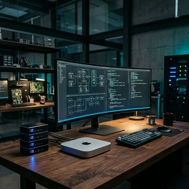 An analytical engineering lab with a Mac Mini, Raspberry Pi cluster, and system architecture monitor.
